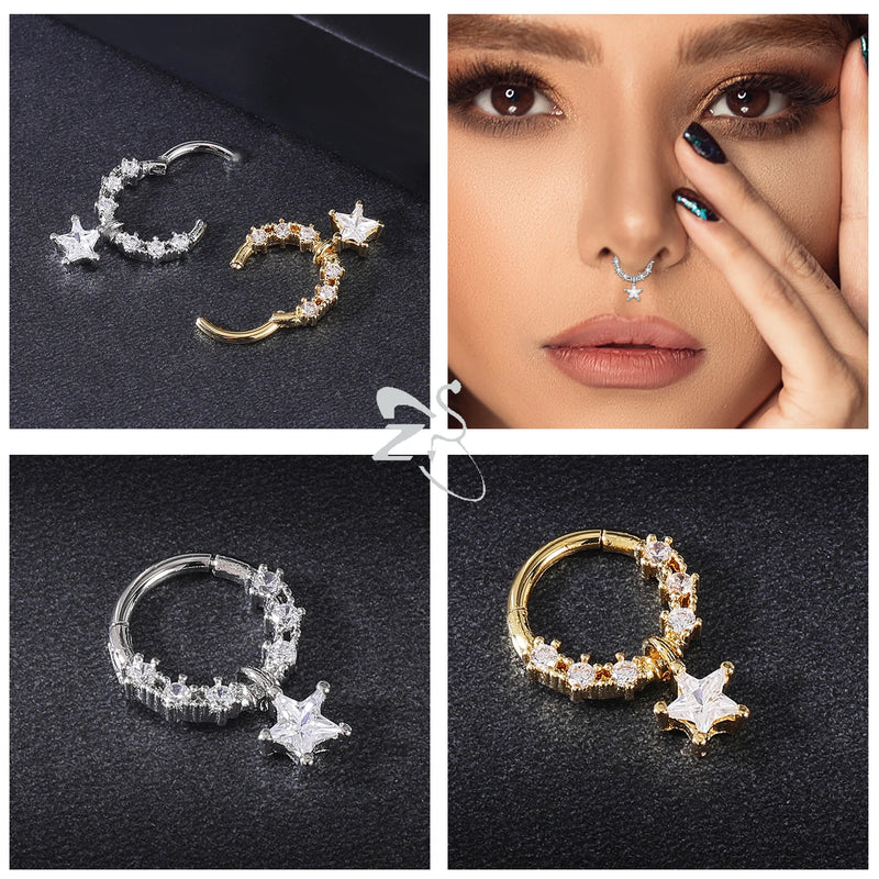 Stainless Steel Zircon Septum Clicker Nose Ring (Select 24 Unique Fashions)