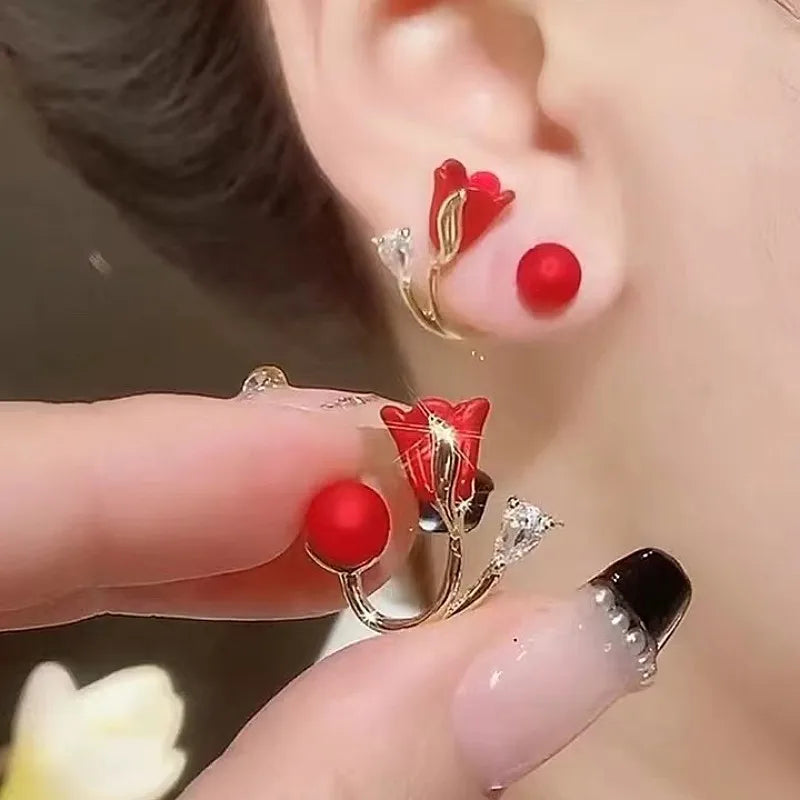 Red Flower Zirconia Fashion Stud Earrings for Women