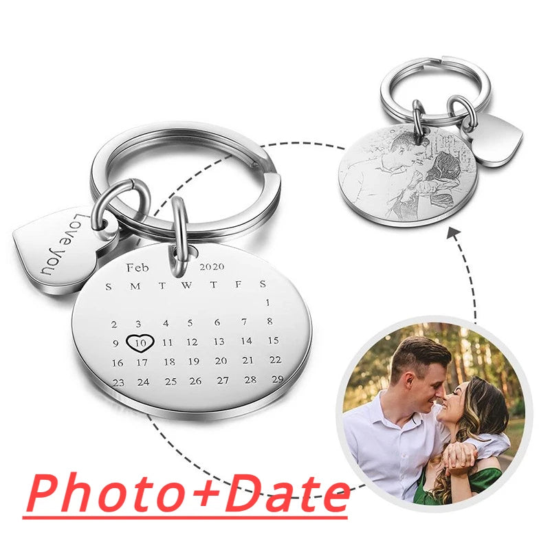 Custom Stainless Steel Photo & Calendar Engraved Keyring (+ Select From 4 Colors)